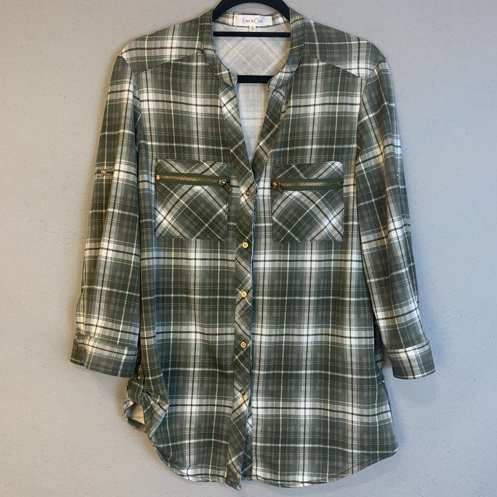 Eden & Olivia Green White Plaid Button Down Shirt Zip Pocket Top Small Womens